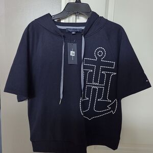 New! Tommy Hilfiger Navy Blue Short Sleeve Hoodie with White Anchor